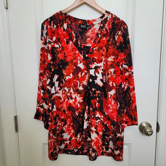 A.n.a, Flowy, Red White & Black Floral Blouse Large - Picture 1 of 8